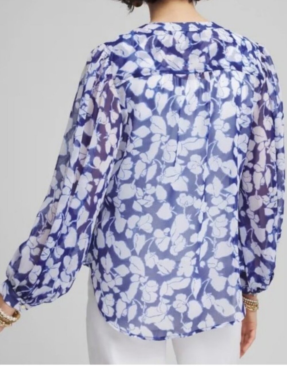 Chico's Georgette Blue White Floral Sheer Blouse Balloon Sleeve Sz 12  2 - Picture 2 of 11